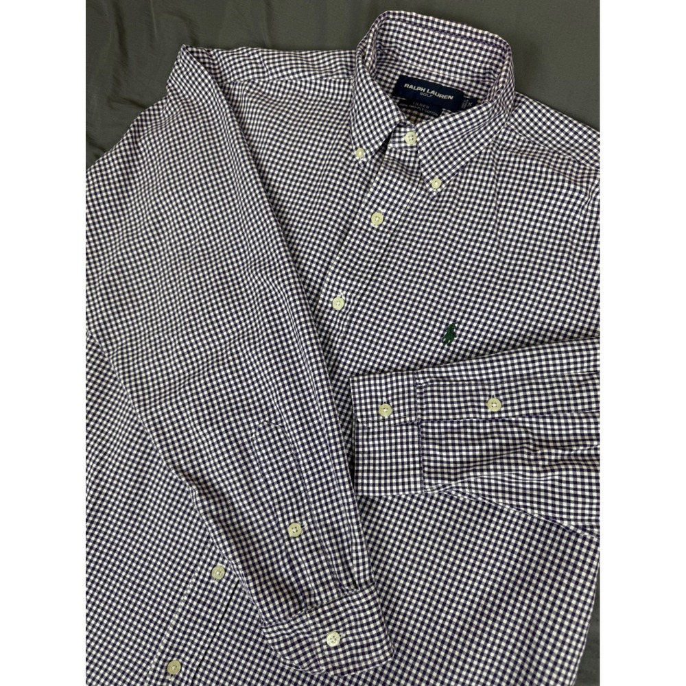 Ralph Lauren Golf Tilden Shirt Mens Medium Purple‎ White Gingham Long Sleeve
